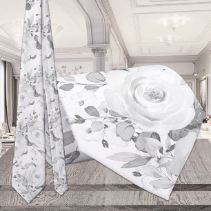 Gray Eucalyptus White Peony Wedding Floral Neck Tie