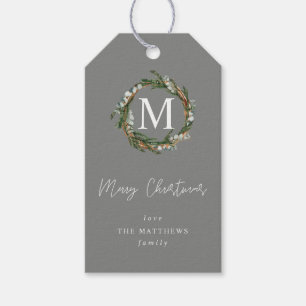 Gray Eucalyptus Wreath Monogram Gift Tags