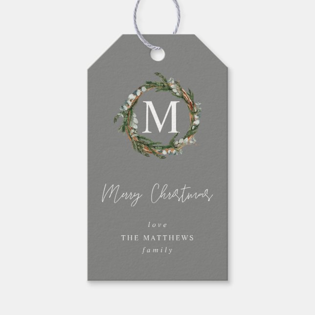 Gray Eucalyptus Wreath Monogram Gift Tags (Front)