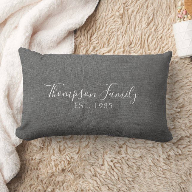 Gray Fabric Stiches Linen look with Family name Lumbar Pillow (Blanket)