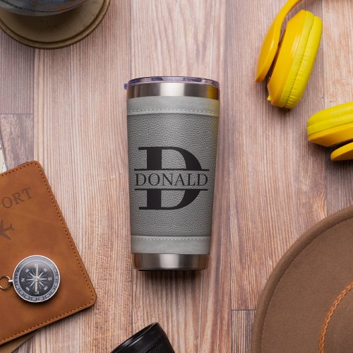 Gray Fake Leather Stiches Monogram Custom Name Insulated Tumbler