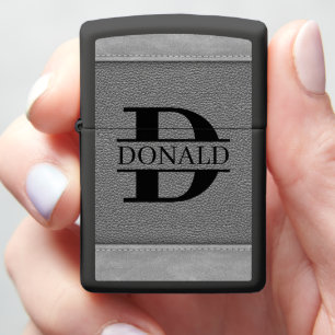 Gray Fake Leather Stiches Monogram Custom Name Zippo Lighter