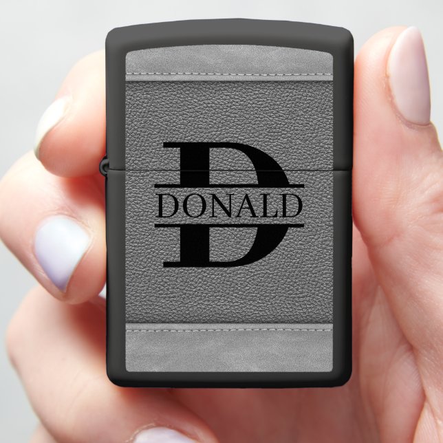 Gray Fake Leather Stiches Monogram Custom Name Zippo Lighter (In Hand)