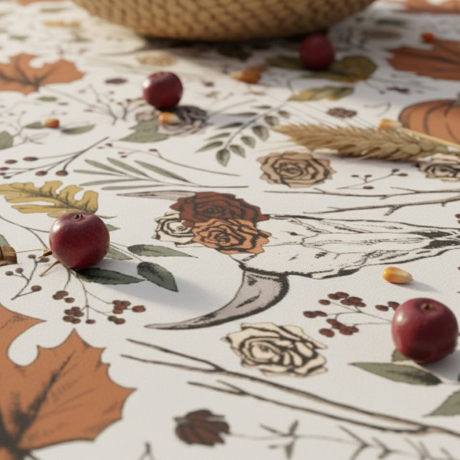Gray Fall Harvest & Cow Skull Bull Head Floral Tablecloth (Gray Country Western Fall Pumpkin and Cow Skull Floral Tablecloth for Thanksgiving in Autumn Colors.)