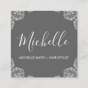 Gray Fancy Corners Script Text Square Business Card