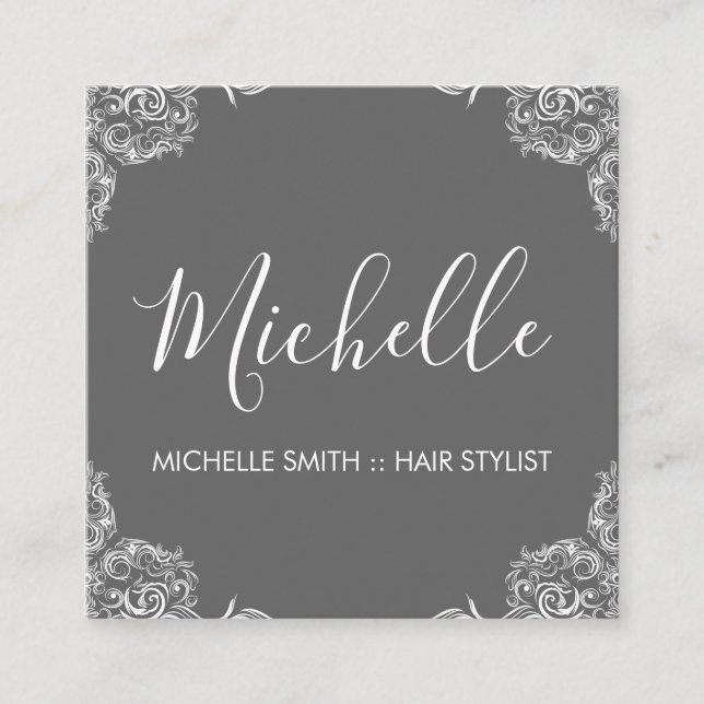 Gray Fancy Corners Script Text Square Business Card (Front)