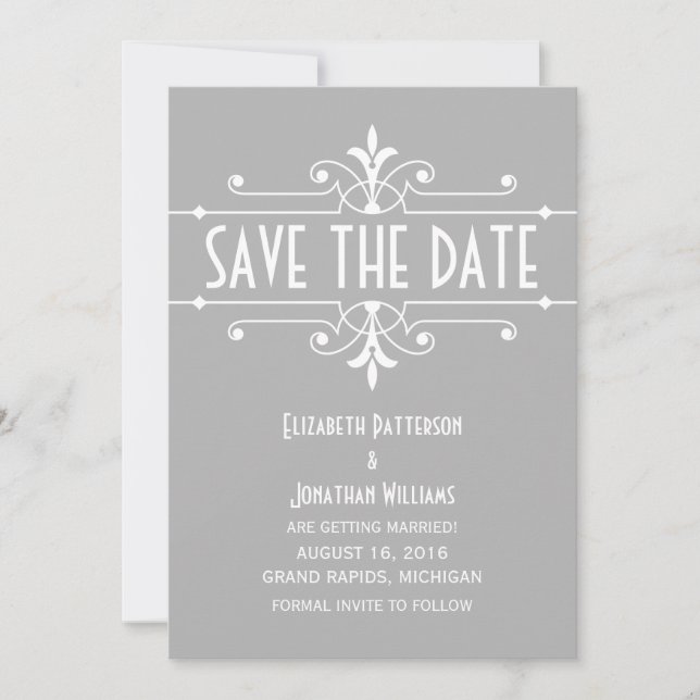 Gray Fancy Ornamental Save the Date Invite (Front)