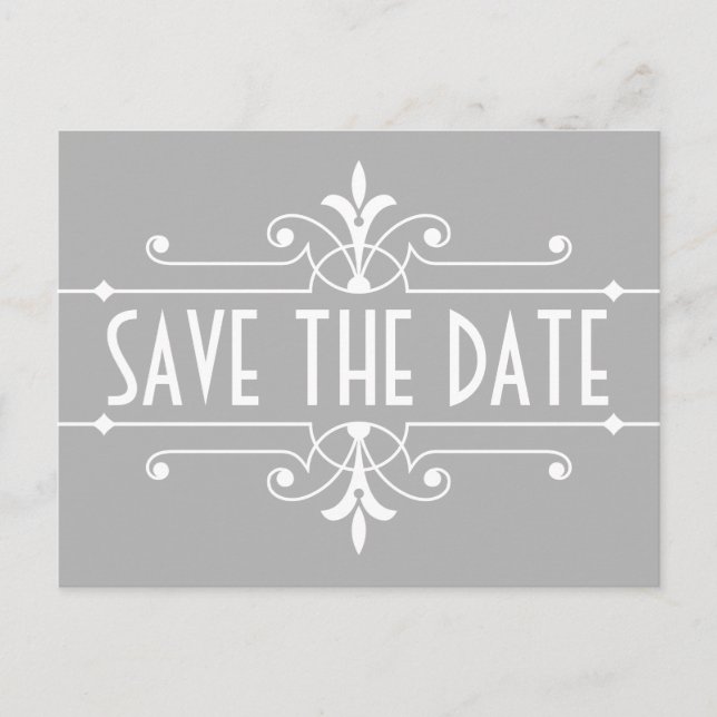 Gray Fancy Ornamental Save the Date Postcard (Front)