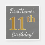 [ Thumbnail: Gray, Faux Gold 11th Birthday + Custom Name Paper Napkin ]