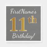 [ Thumbnail: Gray, Faux Gold 11th Birthday + Custom Name Napkins ]