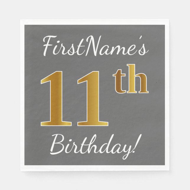 Gray, Faux Gold 11th Birthday + Custom Name Paper Napkins (Front)