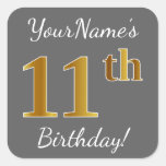 [ Thumbnail: Gray, Faux Gold 11th Birthday + Custom Name Sticker ]