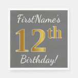 [ Thumbnail: Gray, Faux Gold 12th Birthday + Custom Name Paper Napkin ]