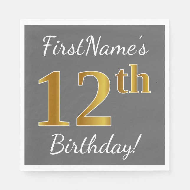 Gray, Faux Gold 12th Birthday + Custom Name Paper Napkins (Front)