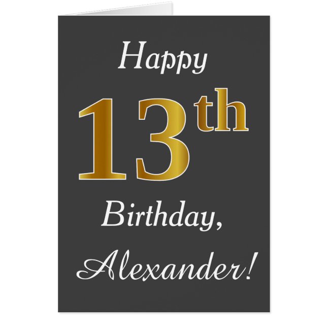 Gray, Faux Gold 13th Birthday + Custom Name Cards (Front)