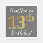 [ Thumbnail: Gray, Faux Gold 13th Birthday + Custom Name Napkin ]