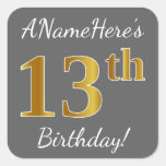 [ Thumbnail: Gray, Faux Gold 13th Birthday + Custom Name Sticker ]