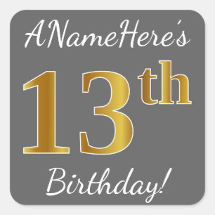 Gray, Faux Gold 13th Birthday + Custom Name Square Sticker