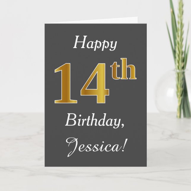 Gray, Faux Gold 14th Birthday + Custom Name Card (Front)