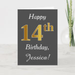 [ Thumbnail: Gray, Faux Gold 14th Birthday + Custom Name Card ]