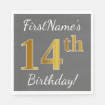[ Thumbnail: Gray, Faux Gold 14th Birthday + Custom Name Napkins ]