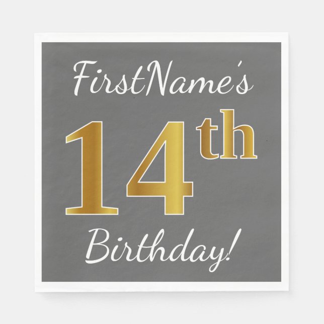 Gray, Faux Gold 14th Birthday + Custom Name Napkins (Front)