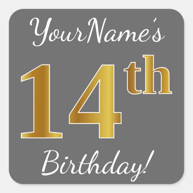 Gray, Faux Gold 14th Birthday + Custom Name Square Sticker (Front)