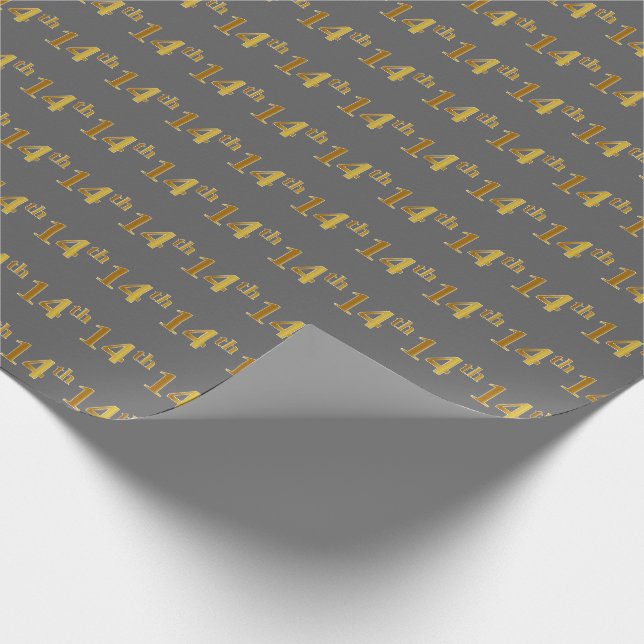 Gray, Faux Gold 14th (Fourteenth) Event Wrapping Paper (Corner)