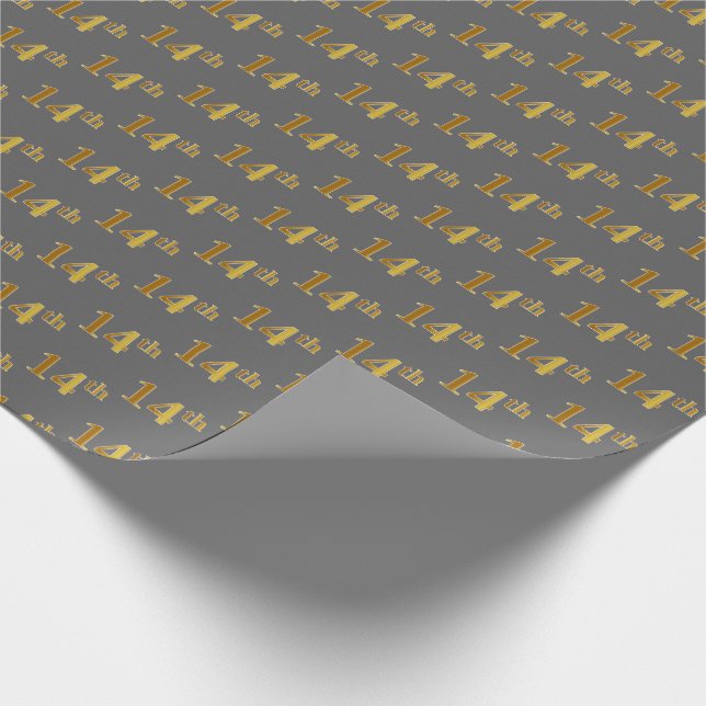 Gray, Faux Gold 14th (Fourteenth) Event Wrapping Paper (Corner)