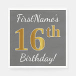 [ Thumbnail: Gray, Faux Gold 16th Birthday + Custom Name Paper Napkin ]