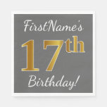 [ Thumbnail: Gray, Faux Gold 17th Birthday + Custom Name Paper Napkin ]