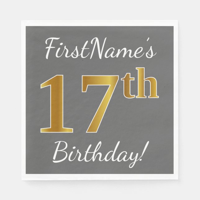Gray, Faux Gold 17th Birthday + Custom Name Paper Napkins (Front)