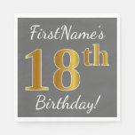 [ Thumbnail: Gray, Faux Gold 18th Birthday + Custom Name Paper Napkin ]