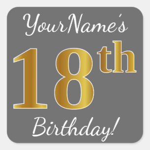 Gray, Faux Gold 18th Birthday + Custom Name Square Sticker