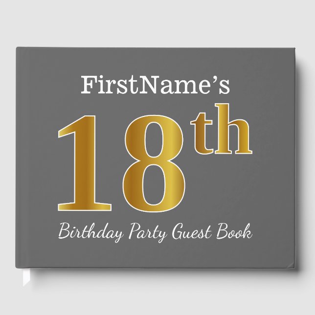 Gray, Faux Gold 18th Birthday Party + Custom Name Guest Book (Front)