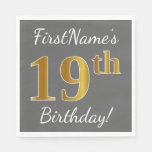 [ Thumbnail: Gray, Faux Gold 19th Birthday + Custom Name Napkins ]