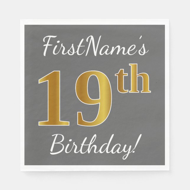 Gray, Faux Gold 19th Birthday + Custom Name Paper Napkins (Front)