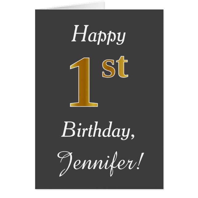 Gray, Faux Gold 1st Birthday + Custom Name Cards (Front)