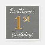 [ Thumbnail: Gray, Faux Gold 1st Birthday + Custom Name Napkin ]