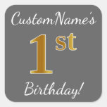 [ Thumbnail: Gray, Faux Gold 1st Birthday + Custom Name Sticker ]