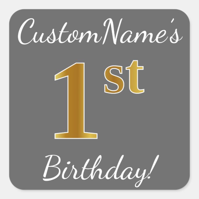 Gray, Faux Gold 1st Birthday + Custom Name Sticker (Front)