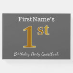 [ Thumbnail: Gray, Faux Gold 1st Birthday Party + Custom Name Guest Book ]