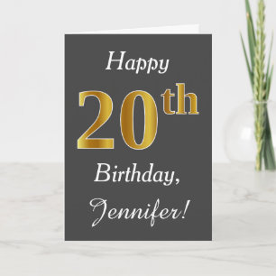 Gray, Faux Gold 20th Birthday + Custom Name Card