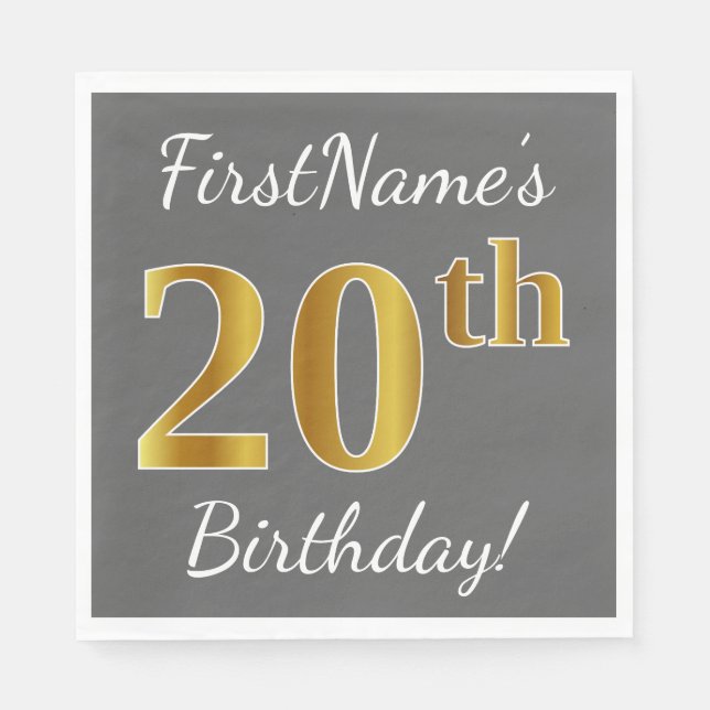 Gray, Faux Gold 20th Birthday + Custom Name Paper Napkins (Front)