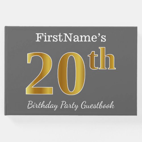 Gray Faux Gold 20th Birthday Party  Custom Name Guest Book