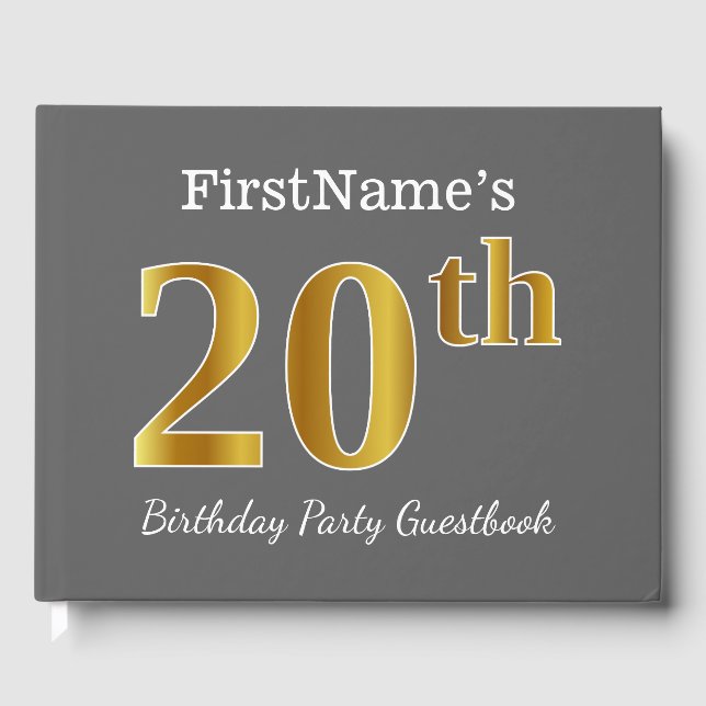 Gray, Faux Gold 20th Birthday Party + Custom Name Guest Book (Front)