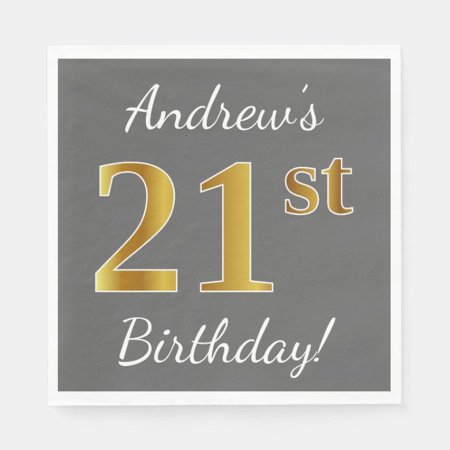 Gray, Faux Gold 21st Birthday + Custom Name Napkins (Front)