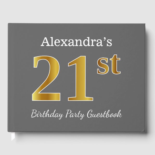 Gray, Faux Gold 21st Birthday Party + Custom Name Guest Book (Front)