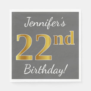 Gray, Faux Gold 22nd Birthday + Custom Name Napkins