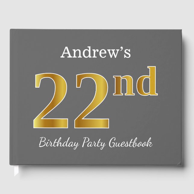 Gray, Faux Gold 22nd Birthday Party + Custom Name Guest Book (Front)